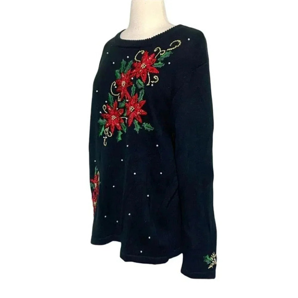 Vintage Basic Edition‎ Holiday L black sweater with embellished red poinsettia - Picture 3 of 6